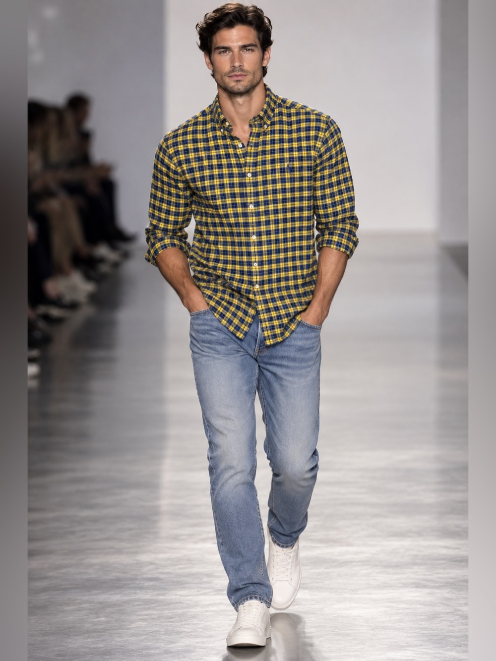 Ralph Lauren Men L Blue Yellow Plaid Button Down Flannel Shirt Cotton Pony Logo